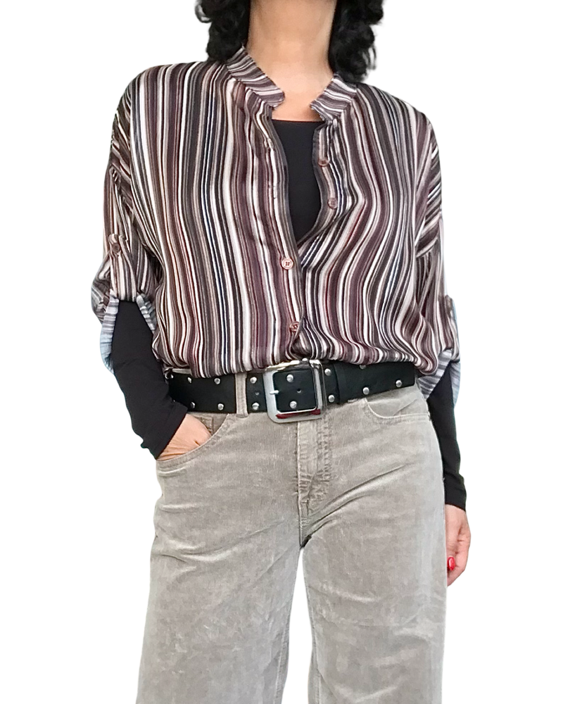 Chemise noir à rayures verticales, manche 3/4 en voile