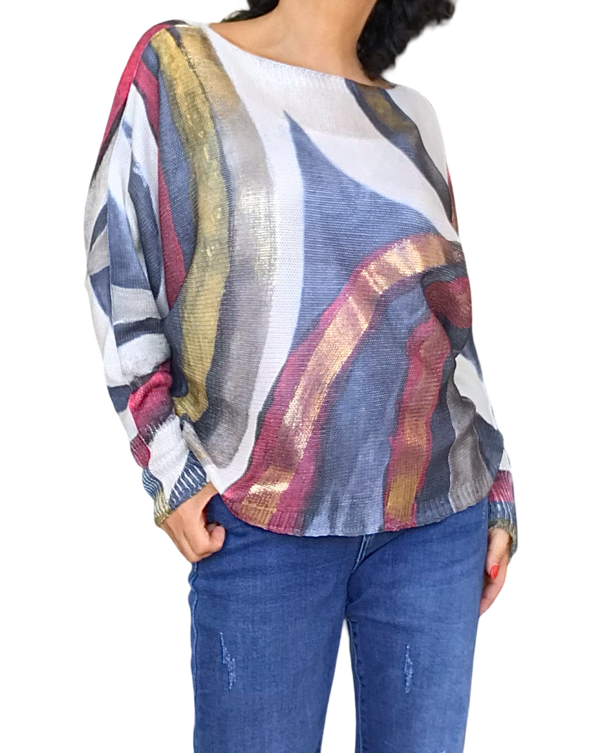 Chandail imprimé abstraits crème, rouge vin, gris et marine avec des traits dorés