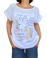 T-shirt blanc avec dessin de feuilles, garni d’une bande en crochet dans le haut