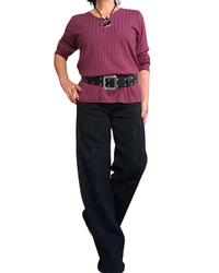 Chandail uni bourgogne en rib col en V manche longue