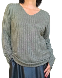 Chandail uni kaki en rib col en V manche longue