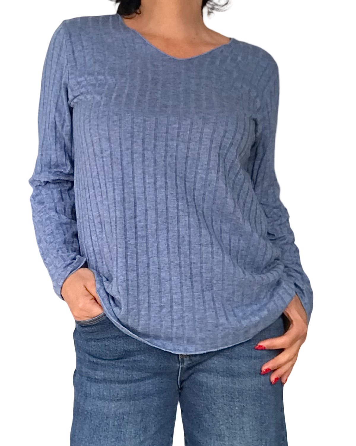 Chandail uni bleu jeans en rib col en V manche longue