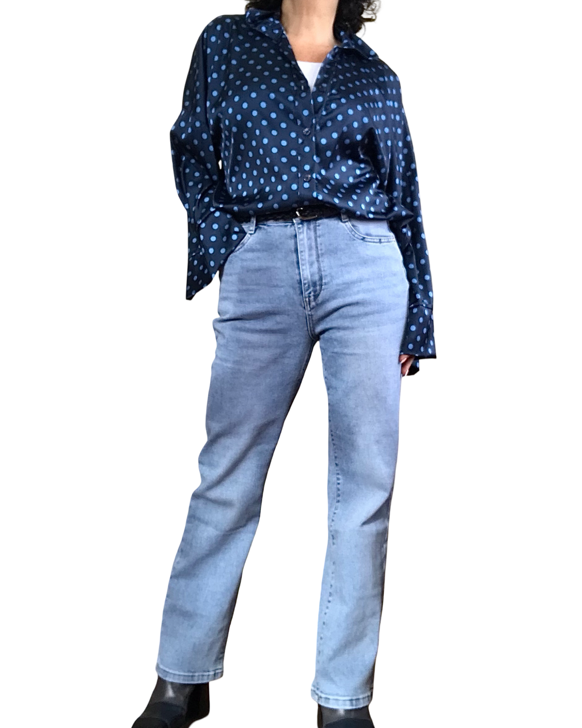 Chemise marine à pois bleu ciel en satin, manche 7/8