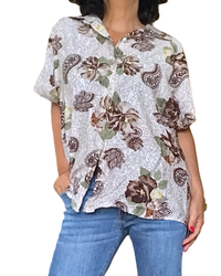 Chemise crème fleurie brun et kaki manche courte