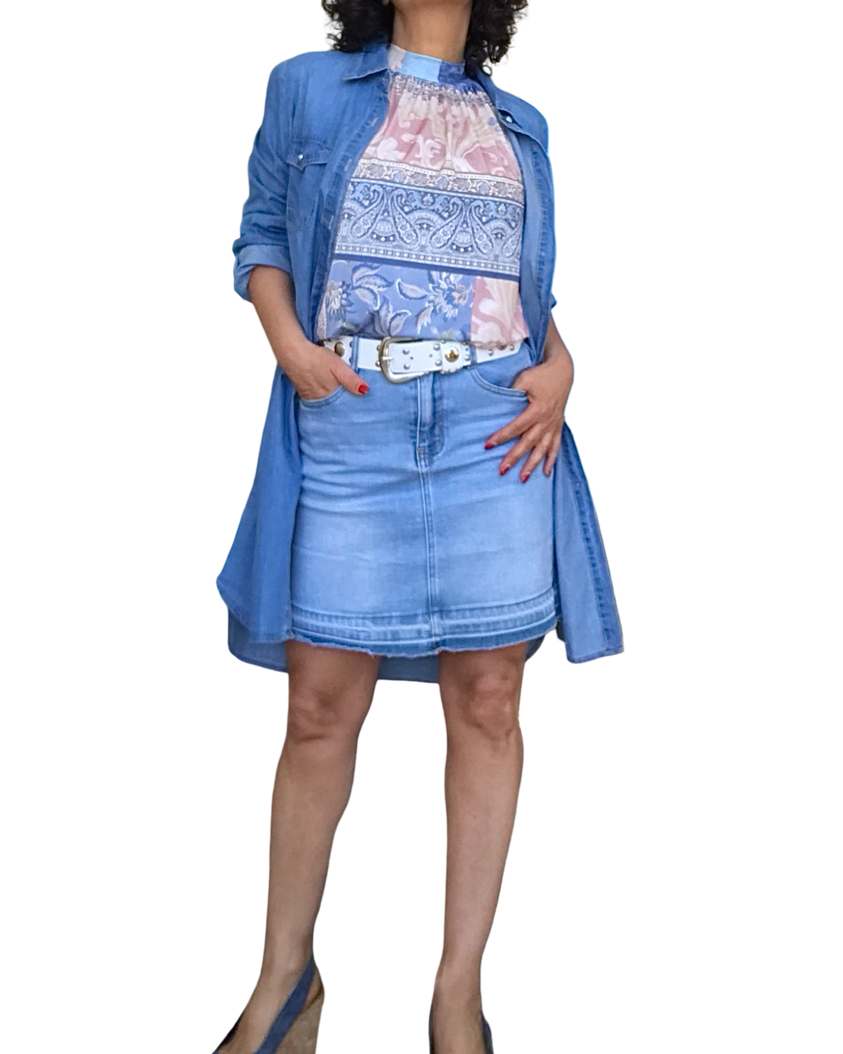 Chemise longue en jeans bleu moyen manche longue