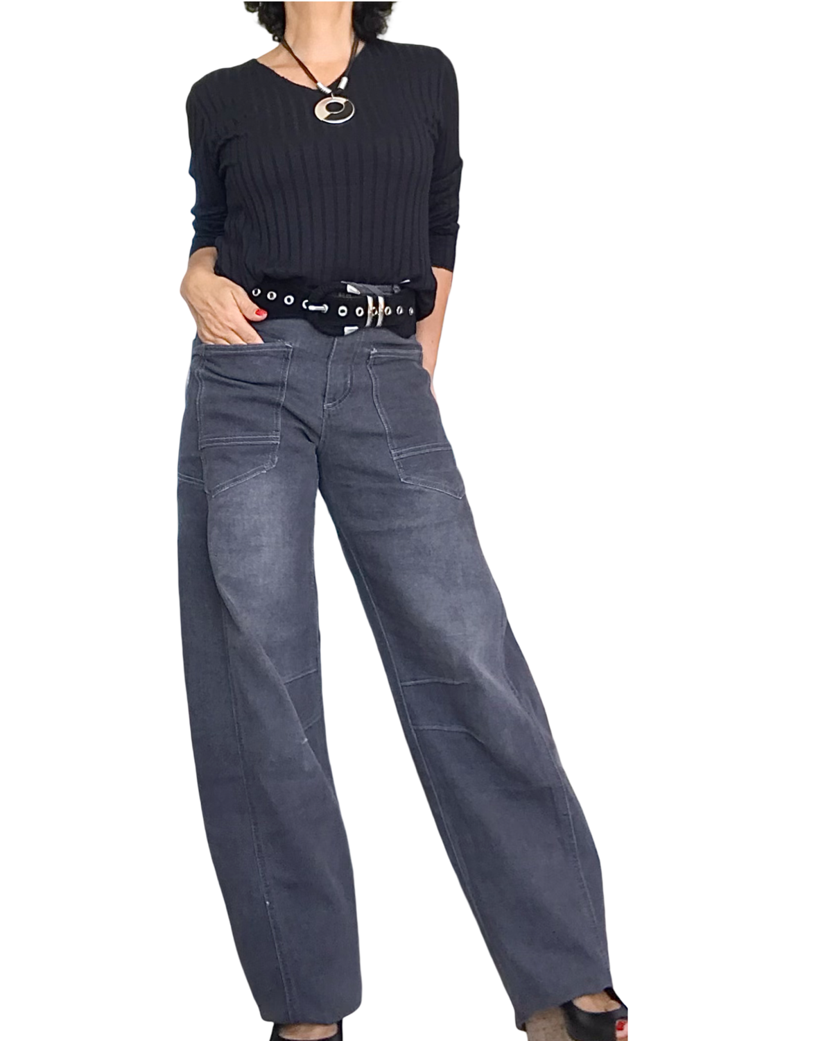 Jeans gris jambe droite avec poches appliquées devant – photo 3