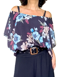 Blouse en voile noire fleurie bande au bas, manche courte