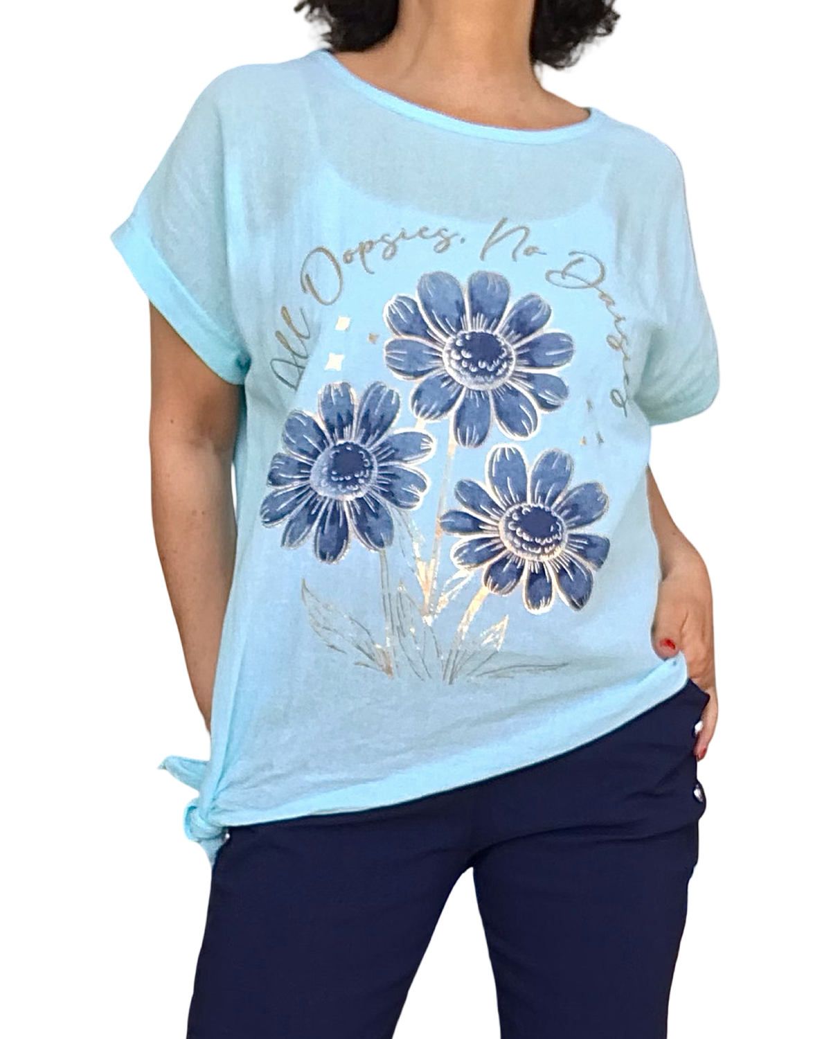 Blouse aqua manche courte avec 3 marguerites marines