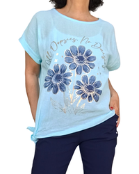 Blouse aqua manche courte avec 3 marguerites marines