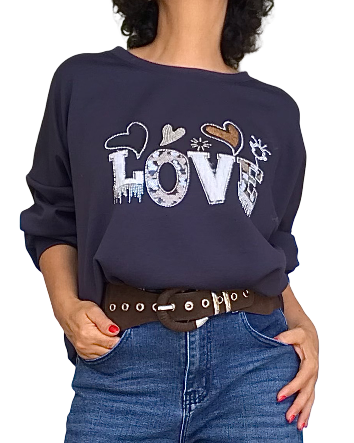 Chandail uni marine col rond en jersey « Love »( Livraison 30 septembre)