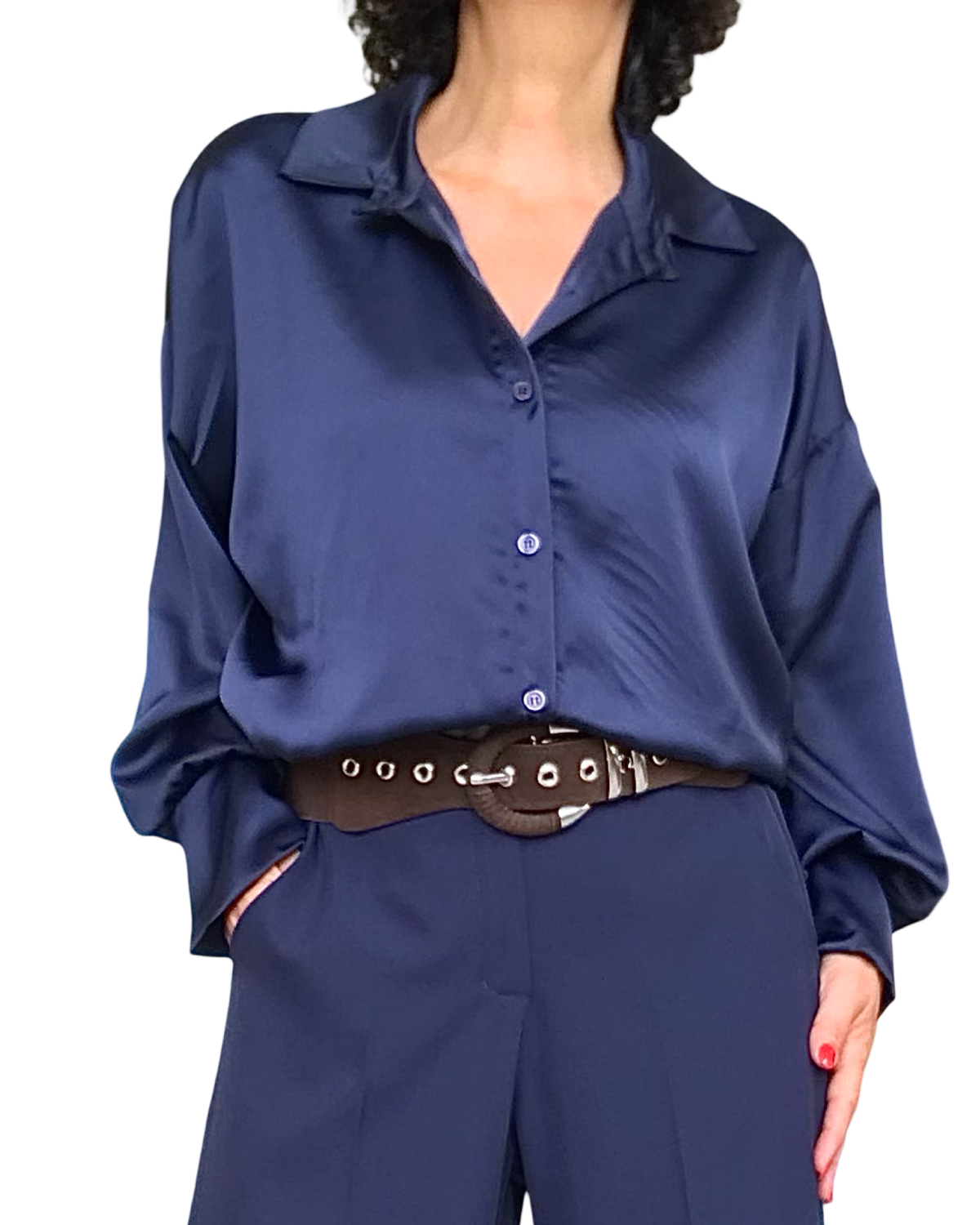Chemise marine en satin à manche longue