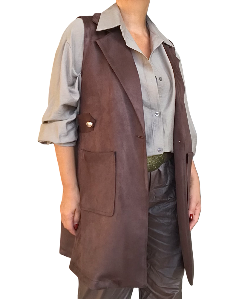 Veste brune sans manche en ultra suède