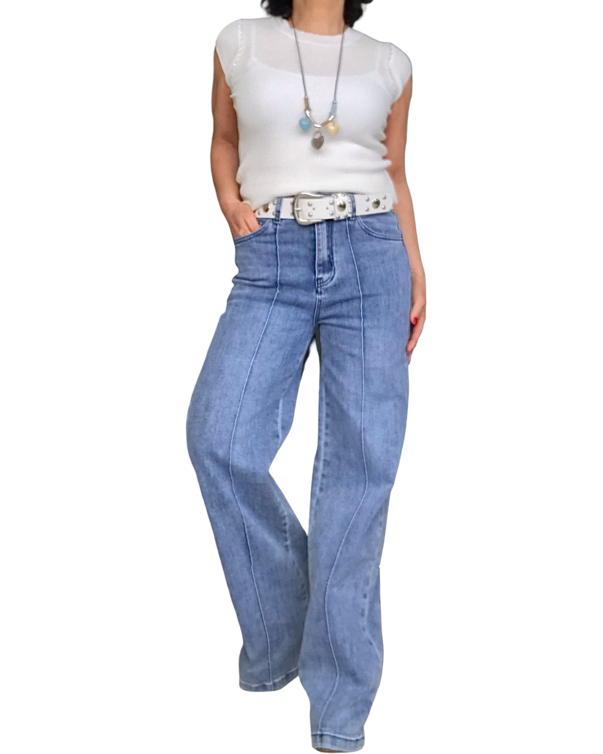 T-shirt uni blanc cassé col rond garni de pierres sur chaque épaule