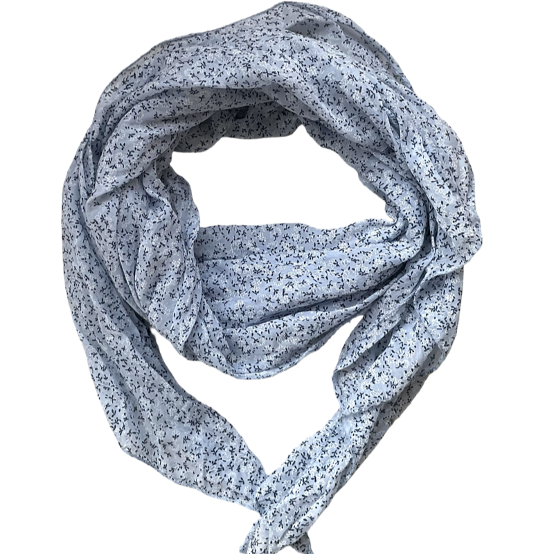 Foulard bleu ciel petit fleuri marine et blanche 20% soie et 80% coton