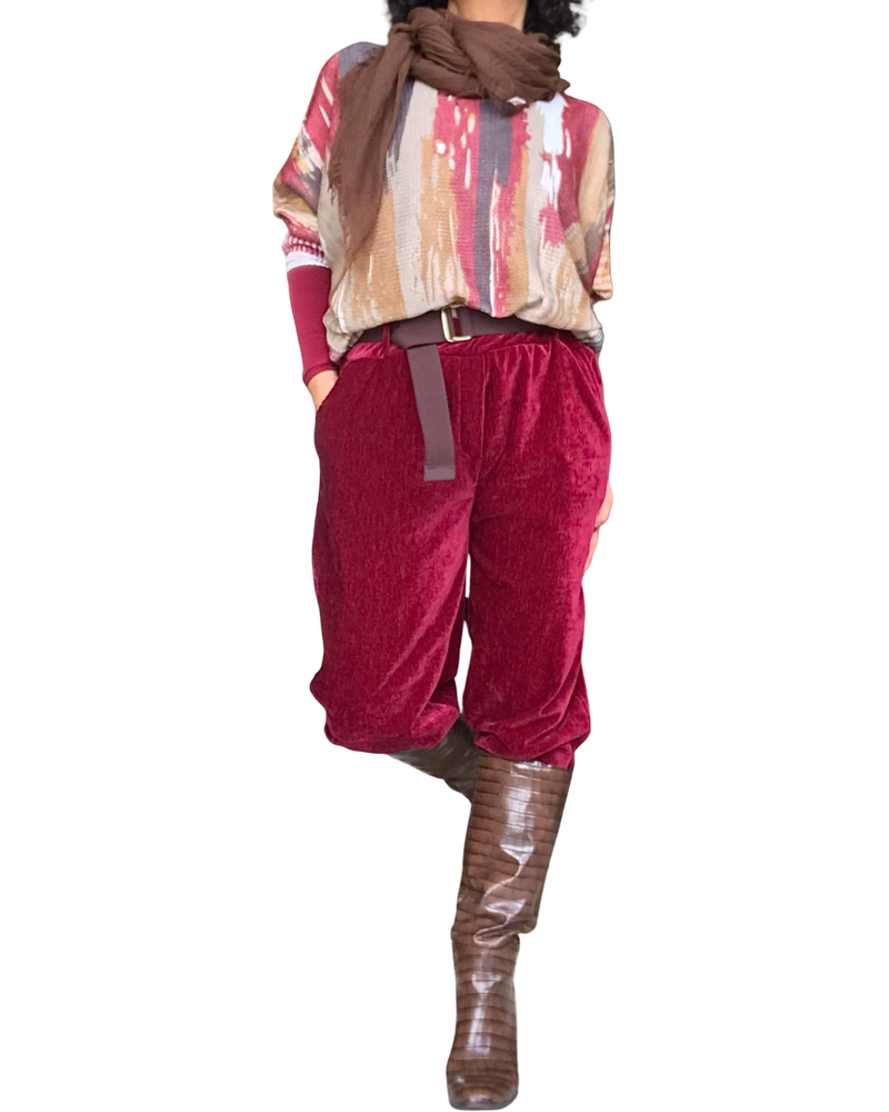 Pantalon rouge vin en velours taille élastique