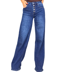Jeans droit bleu foncé délavé taille haute à 5 boutons en métal – vue de face