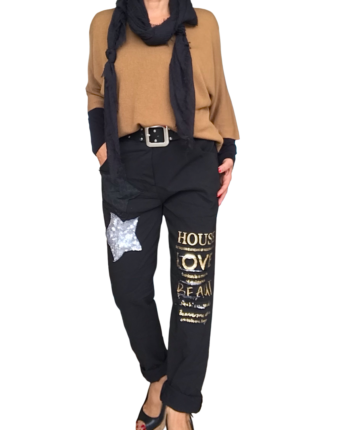 Chandail uni camel, col en V manche 3/4