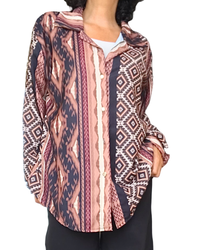 Chemise noire à imprimé aztèque vertical multicolore, col chemise et manches longues – vue de face