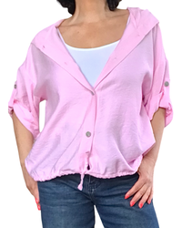 Chemise rose bébé manche courte avec capuchon et cordon au bas