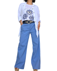 Pantalon jambe droite bleu jeans taille élastique avec cordon