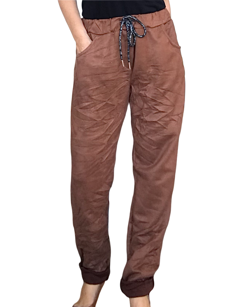 Pantalon noisette en ultra suède à taille élastique avec cordon noir
