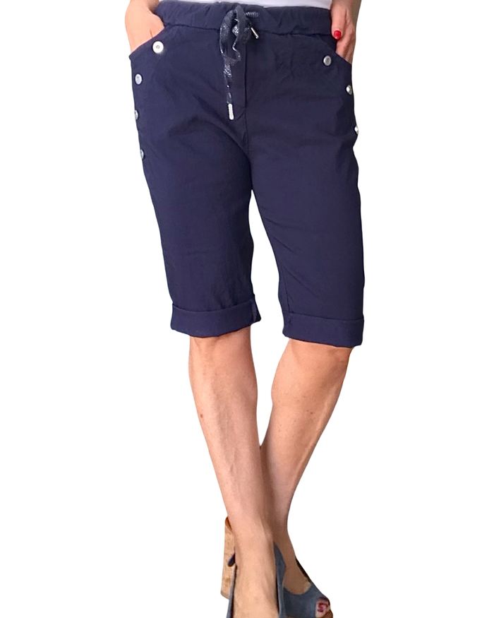 Bermuda marine à taille élastique avec cordon et boutons décoratifs