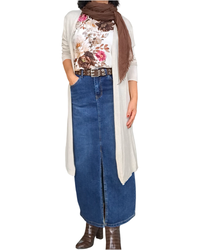 Jupe jeans longue bleu moyen 31 pouces, taille au nombril