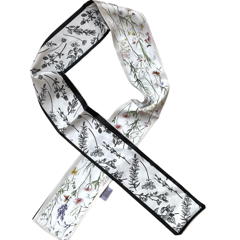 Foulard fleuri étroit en long blanc cassé, noir et beige 100% polyester