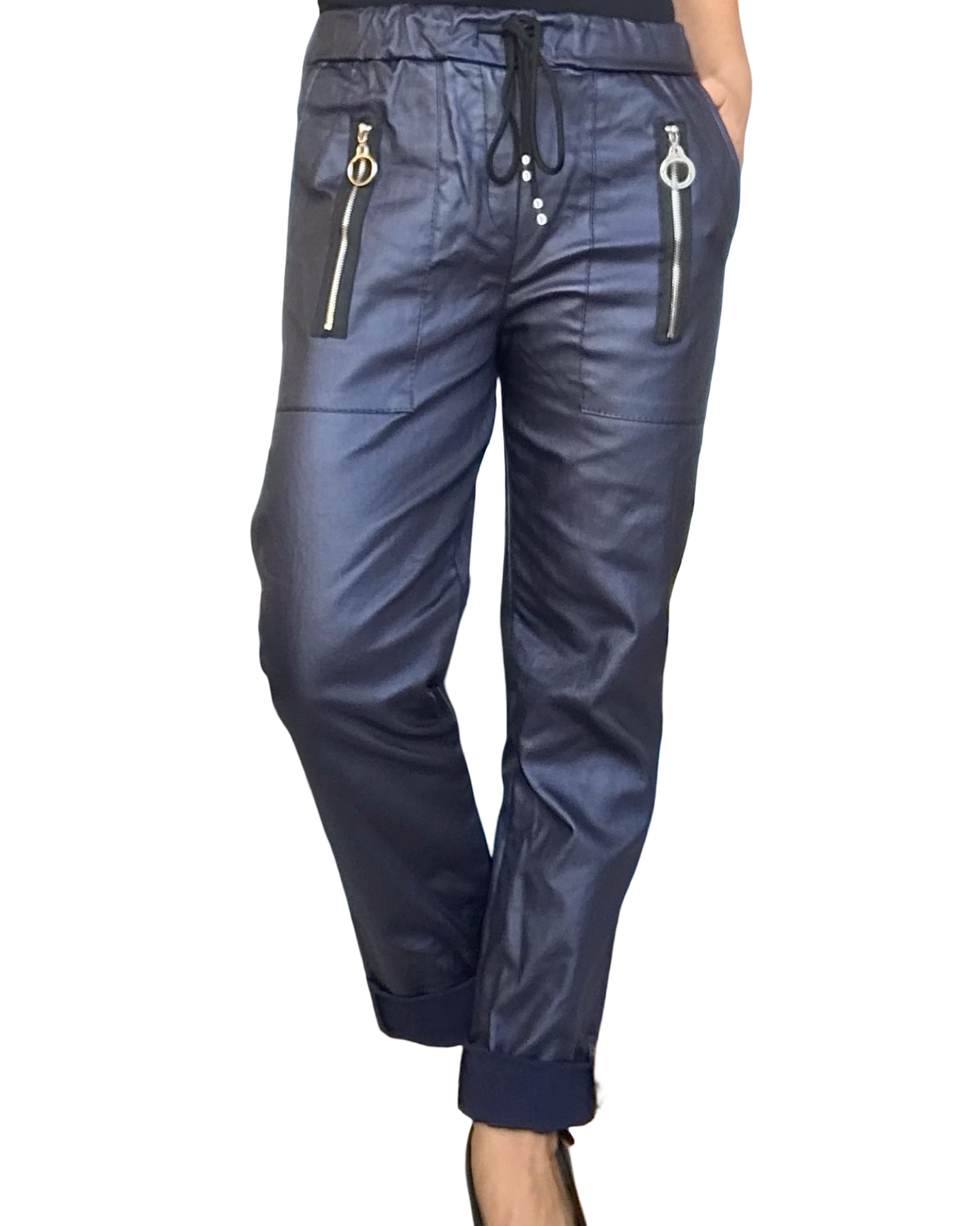 Pantalon bleu nuit en similicuir à taille élastique avec cordon garni de zip