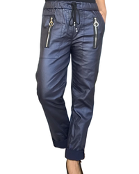 Pantalon bleu nuit en similicuir à taille élastique avec cordon garni de zip