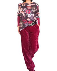 T-shirt manche longue noir col rond imprimé de cercles rouge vin, crème, kaki et noisette