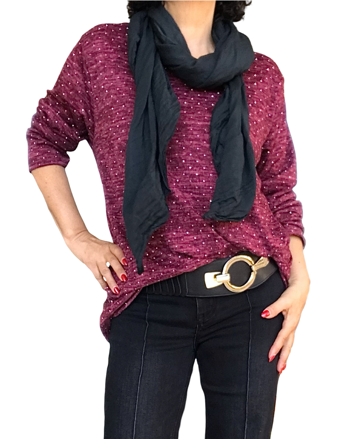 Chandail chiné bourgogne et vieux rose garni de petites pierres argentées