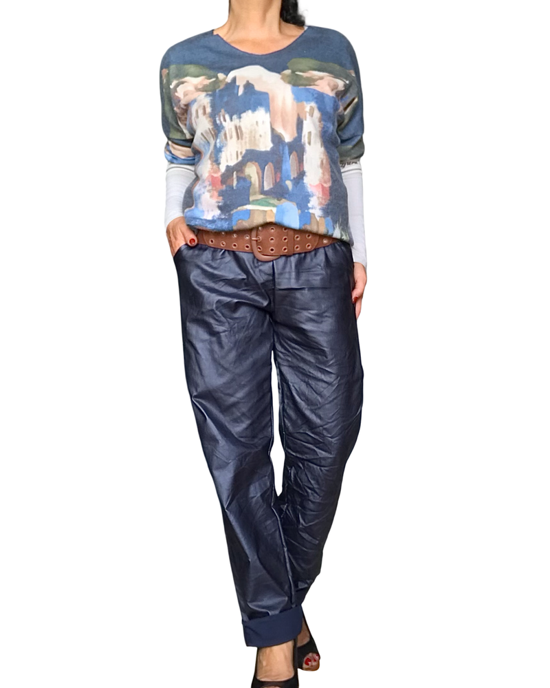 Pantalon bleu marin en cuir vegan froissé taille élastique