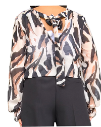 Blouse romantique en voile zébré crème, noire et camel, manches longues