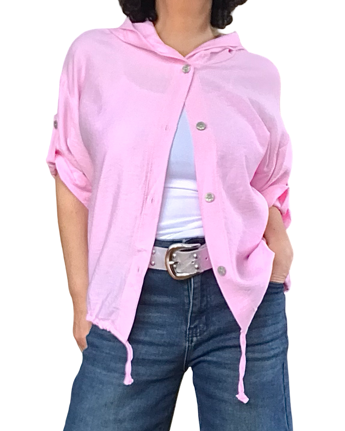 Chemise rose bébé manche courte avec capuchon et cordon au bas