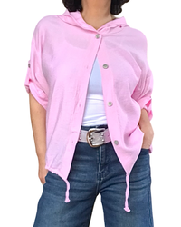 Chemise rose bébé manche courte avec capuchon et cordon au bas