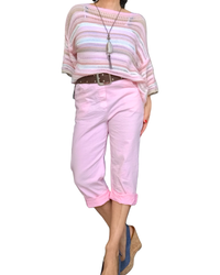 Chandail en crochet à rayures rose pâle manche courte col bateau