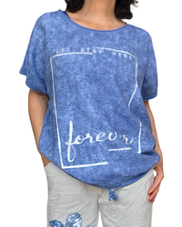 T-shirt bleu jeans manche courte avec un cordon au bas, écriture argentée