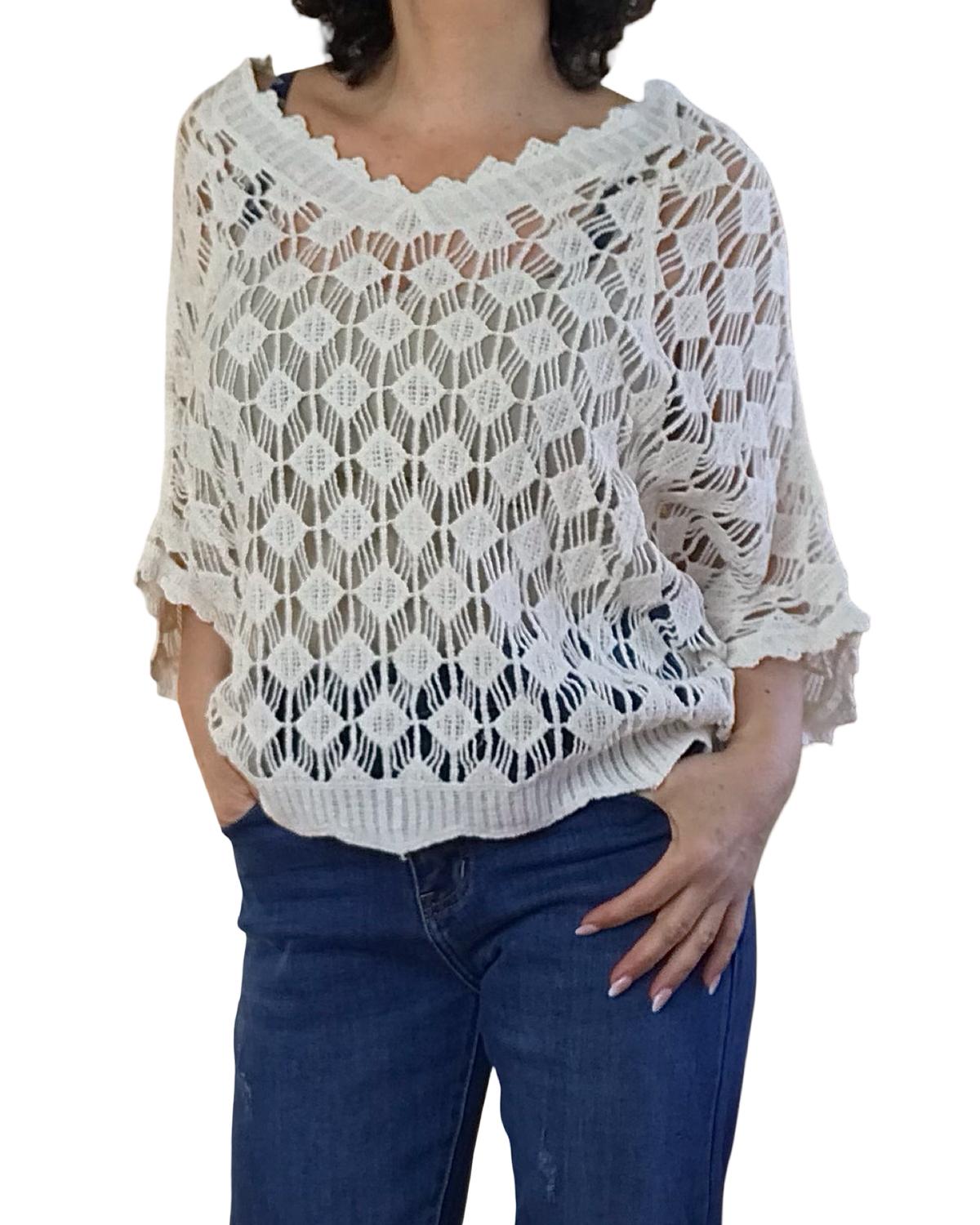Chandail col en V en crochet losange beige manche courte