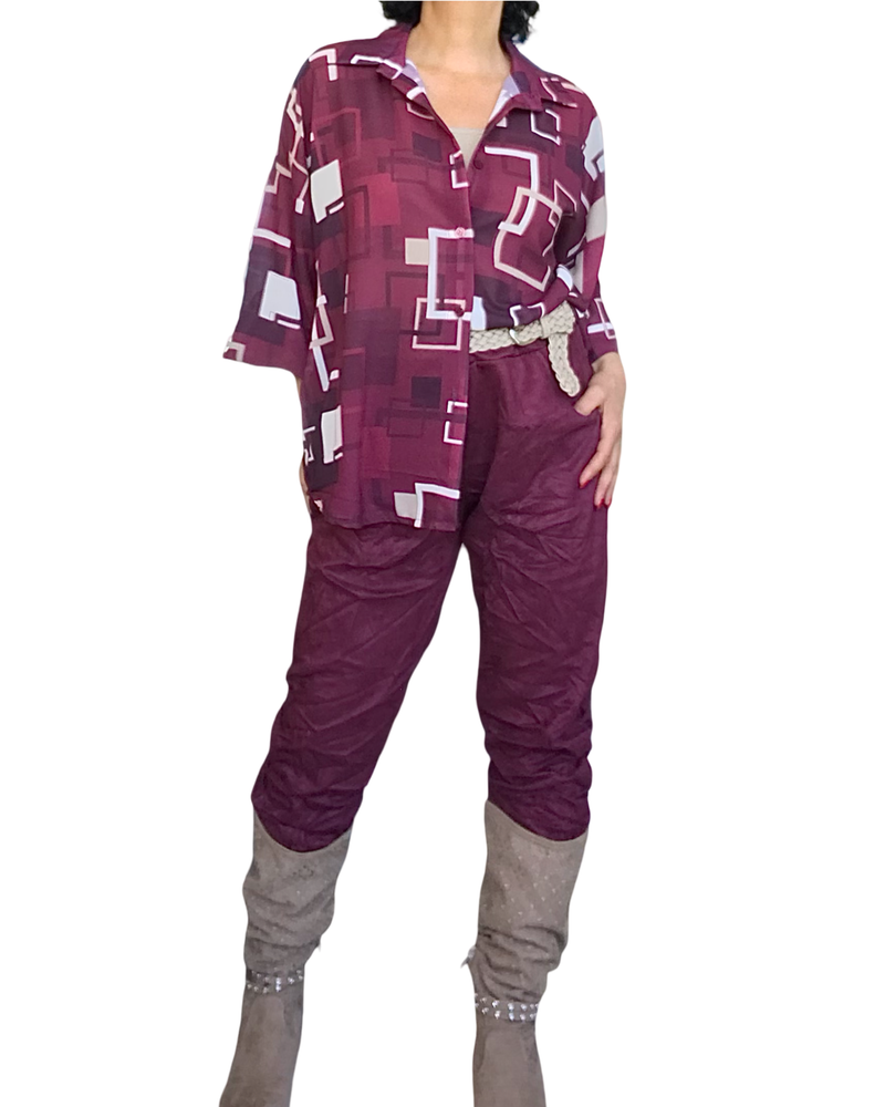 Pantalon bourgogne en ultra suède à taille élastique avec cordon noir