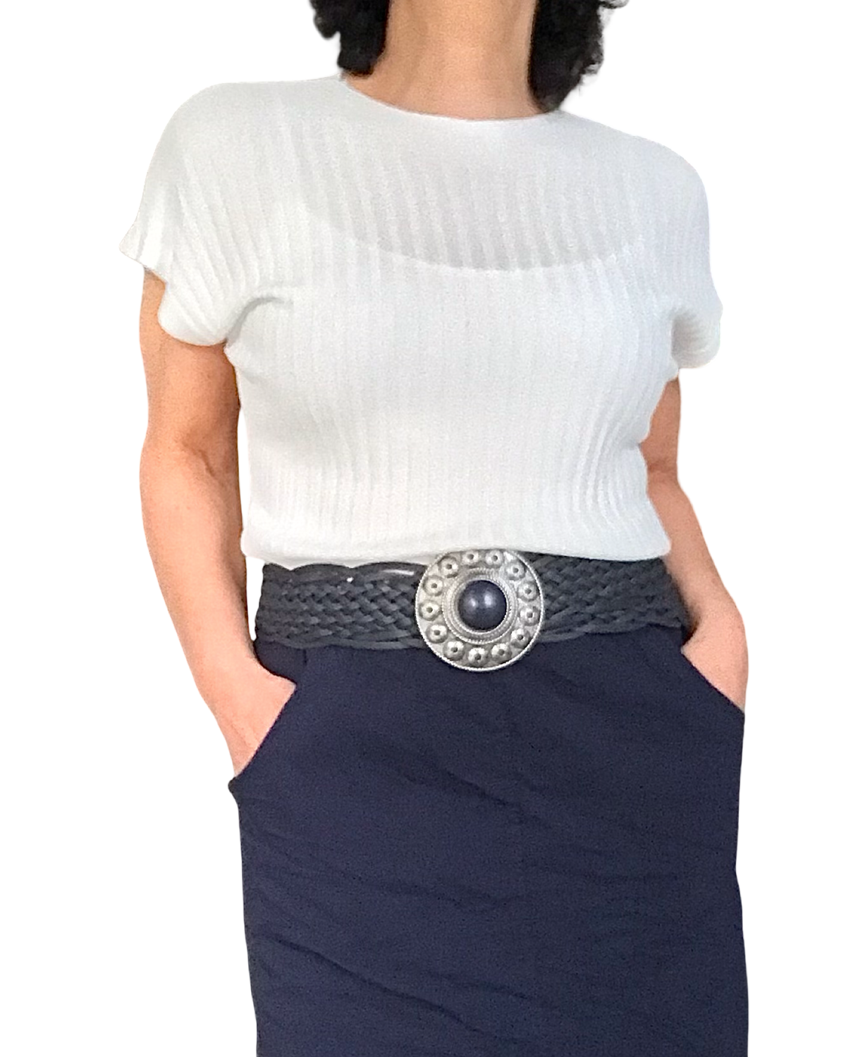 T-shirt côtelé uni blanc cassé col rond