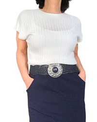 T-shirt côtelé uni blanc cassé col rond