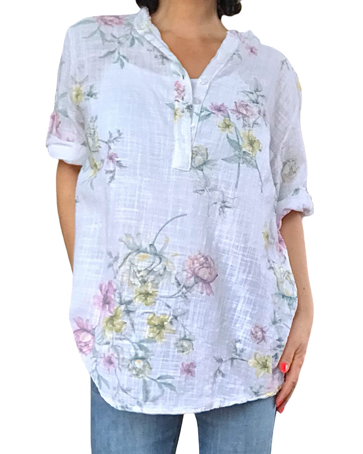 Blouse blanche manche 3/4 fleurie rose, vert, jaune et bleu