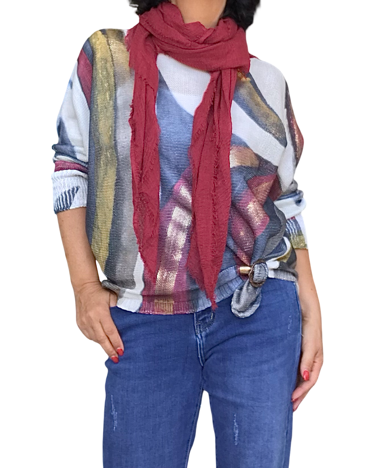 Chandail imprimé abstraits crème, rouge vin, gris et marine avec des traits dorés