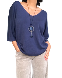 Chandail uni marine, col en V manche 3/4