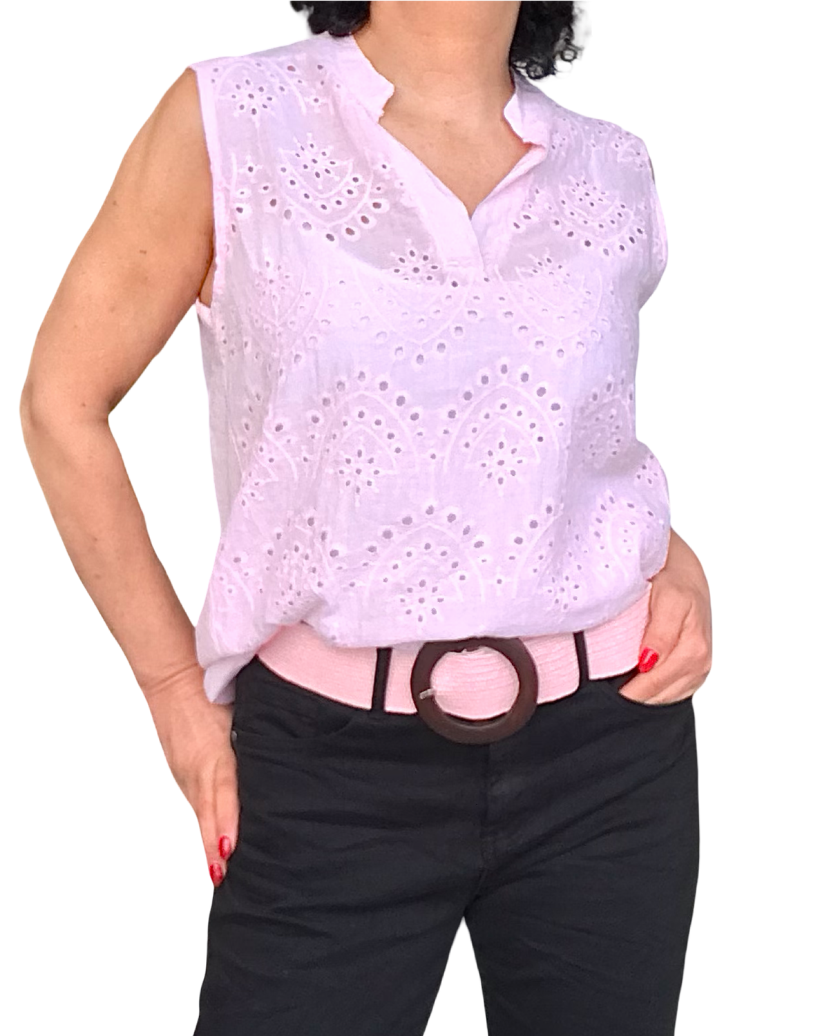 Blouse rose pâle sans manche broderie anglaise devant
