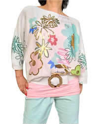 Chandail crème en tricot léger manche courte avec imprimé de fleurs Aqua, rose pâle et doré