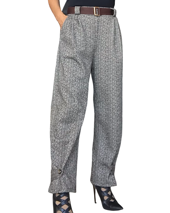 Pantalon tweedé baggy brun et beige, 7/8 taillé élastique