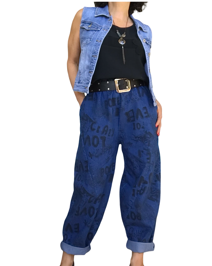 Pantalon bleu jeans baggy imprimé de lettres noires à taille élastique ( PREVENTE Livraison 17 mars)