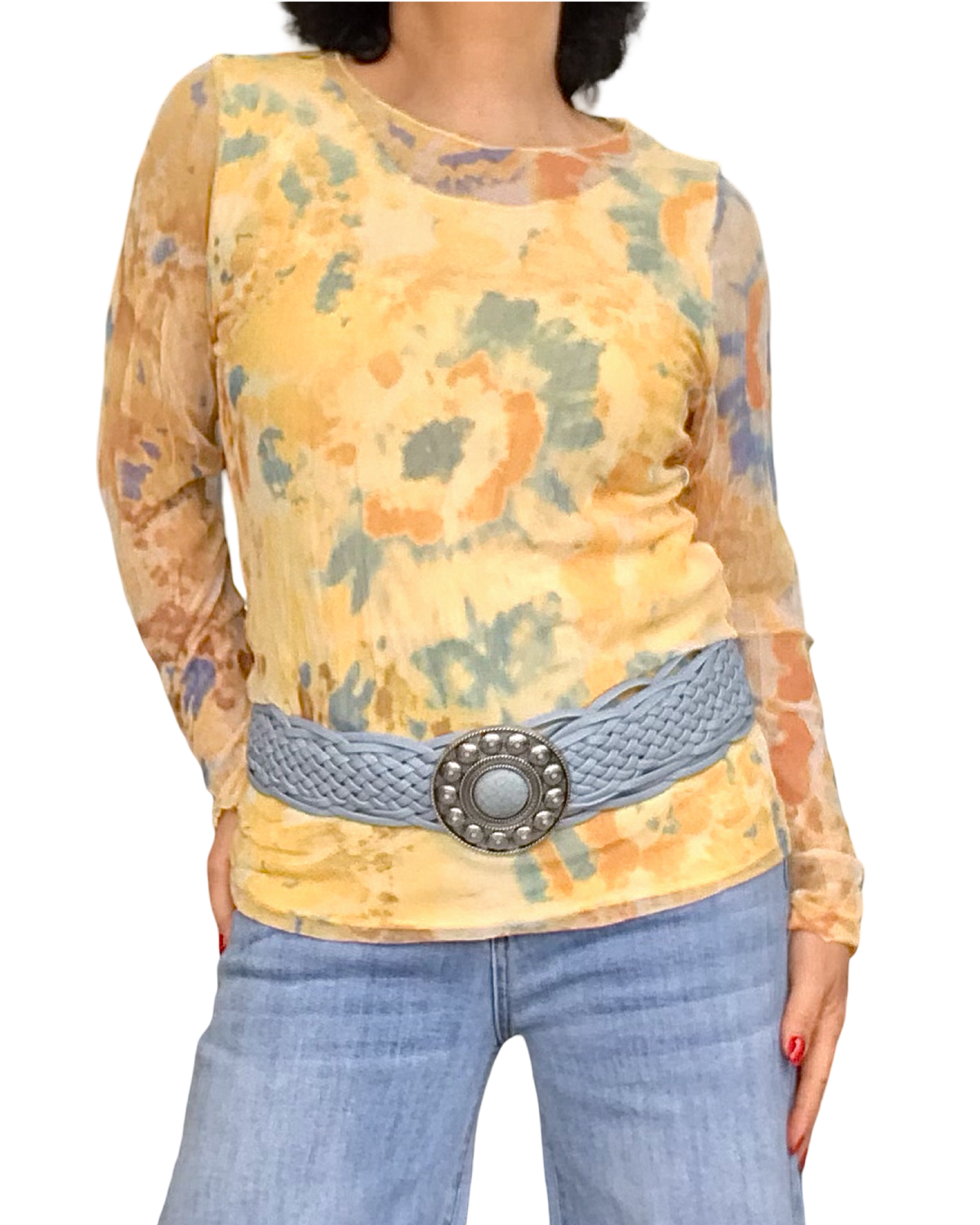 Chandail à manches longues en voile fleuri psychédélique jaune et bleu